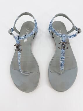 Chanel Pale Blue Tweed CC Logo Gripoix Stone Flat T-Strap Thong Sandals 40